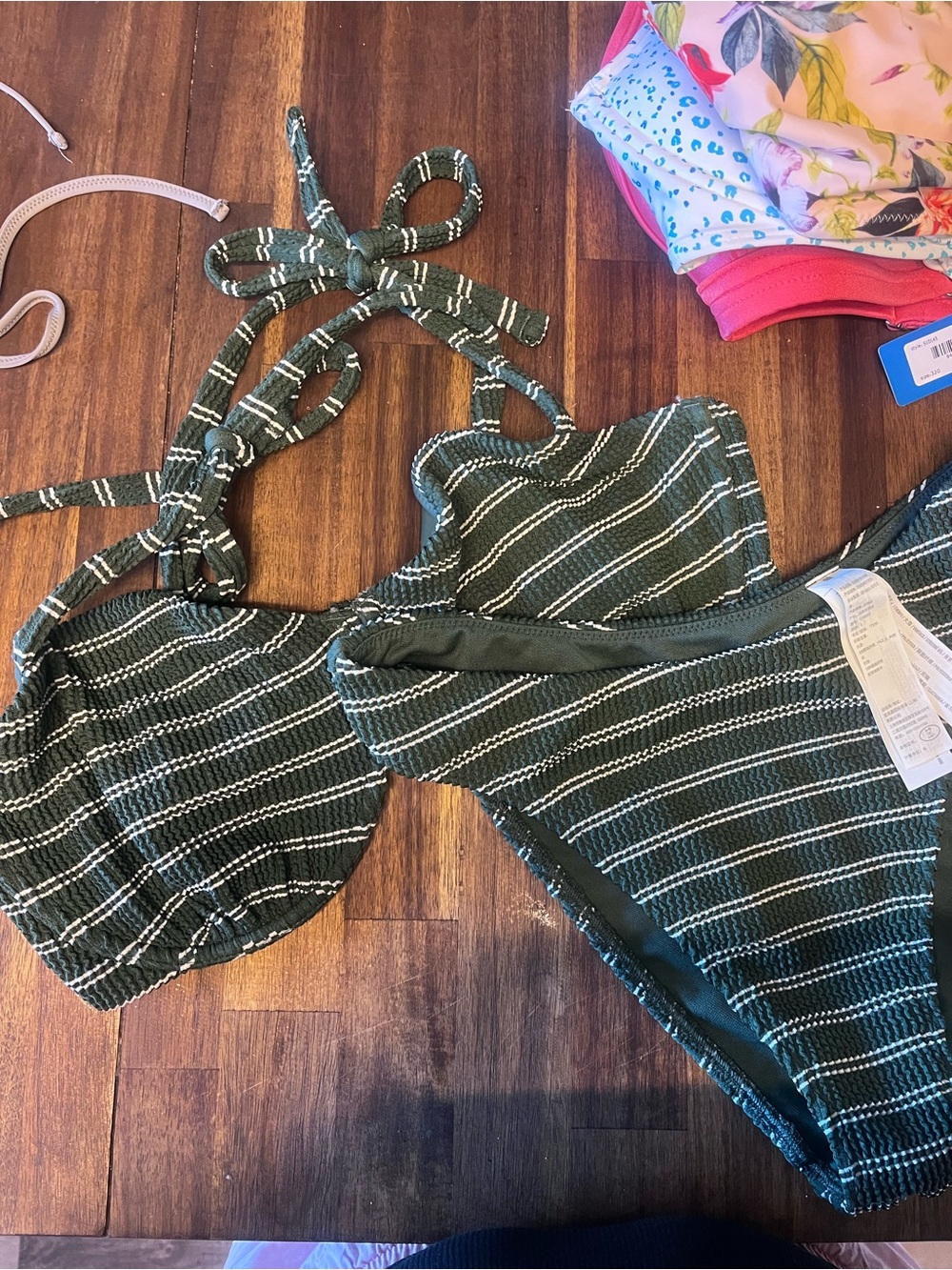 Abercrombie & Fitch Olive Green and White Striped Ribbed Bikini